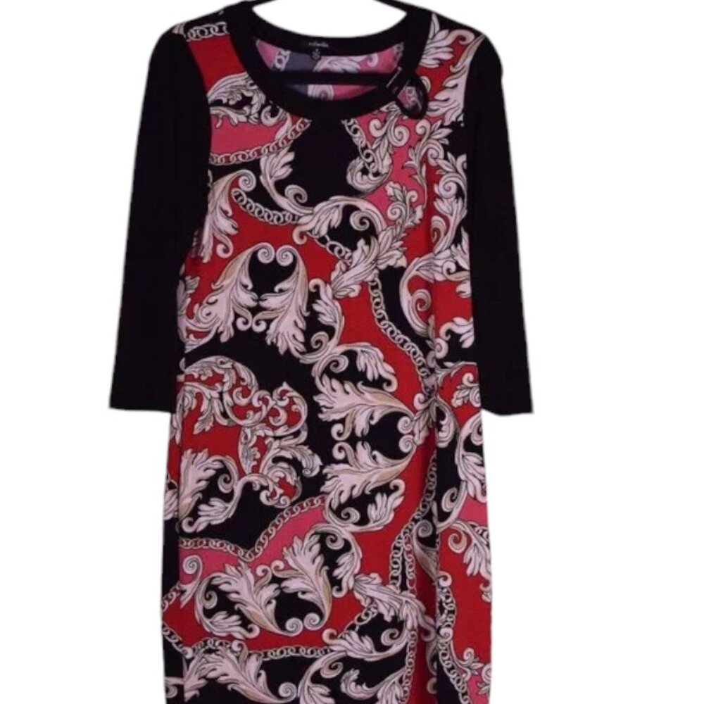 Rafaella Women's Black & Red Linked Scroll 3/4 Sleeve Midi Dress - Size 8